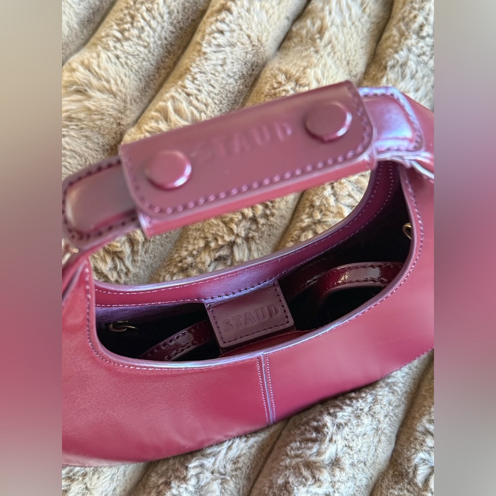 STAUD Moon Mini Split Leather Crossbody Bag Bordeaux - Picture 16 of 17